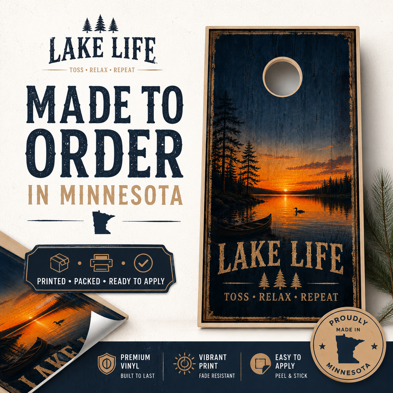 Lake Life Cornhole Board Wraps – Set of 2 Rustic Cabin Sunset Vinyl Wraps