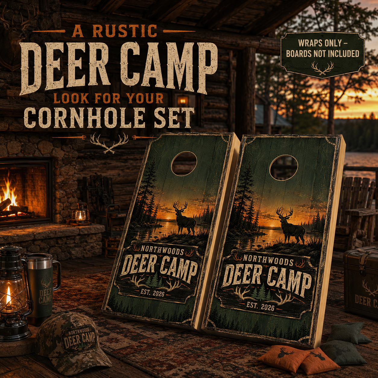 Custom Northwoods Deer Camp Cornhole Board Wraps – Set of 2 Rustic Hunting Vinyl Wraps