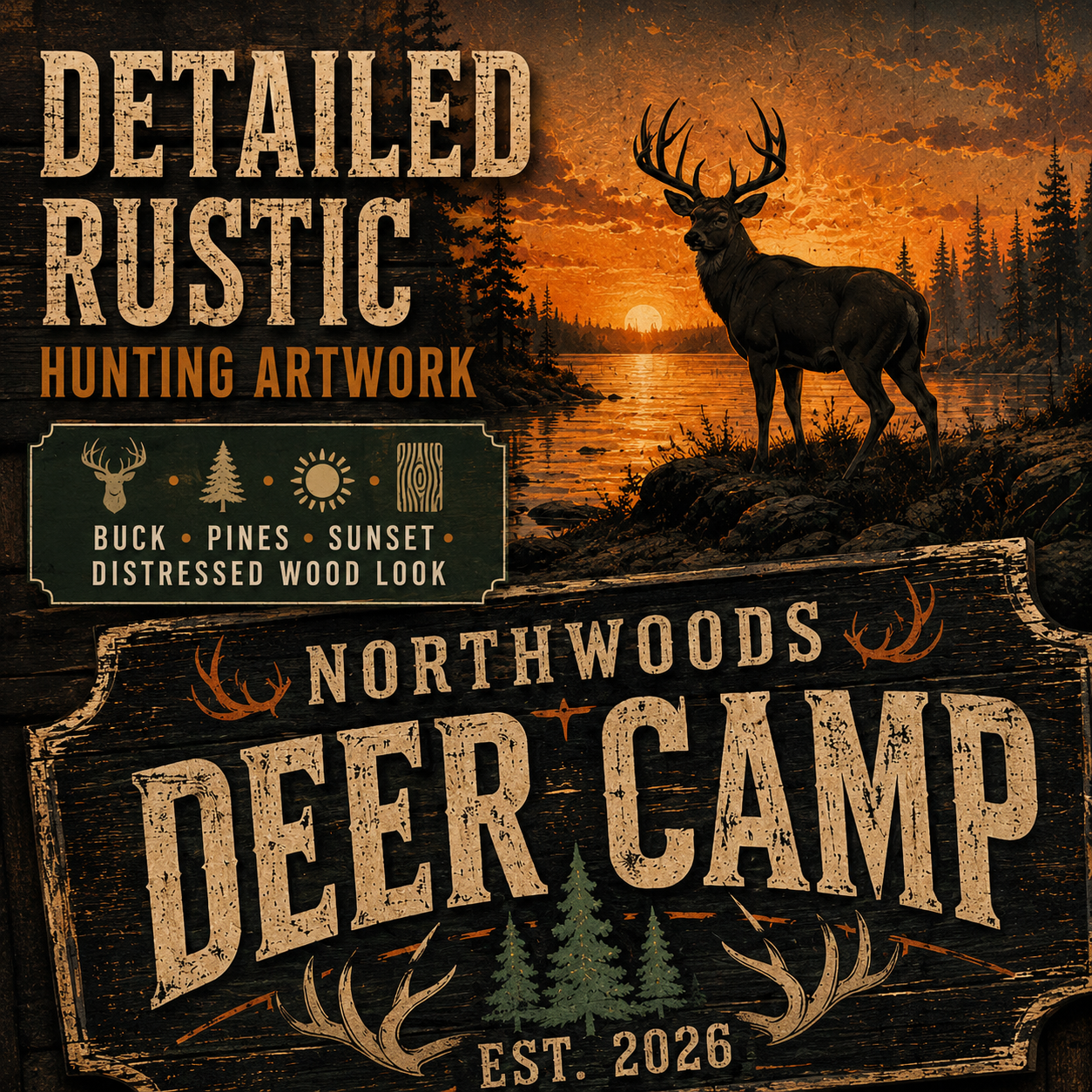 Custom Northwoods Deer Camp Cornhole Board Wraps – Set of 2 Rustic Hunting Vinyl Wraps