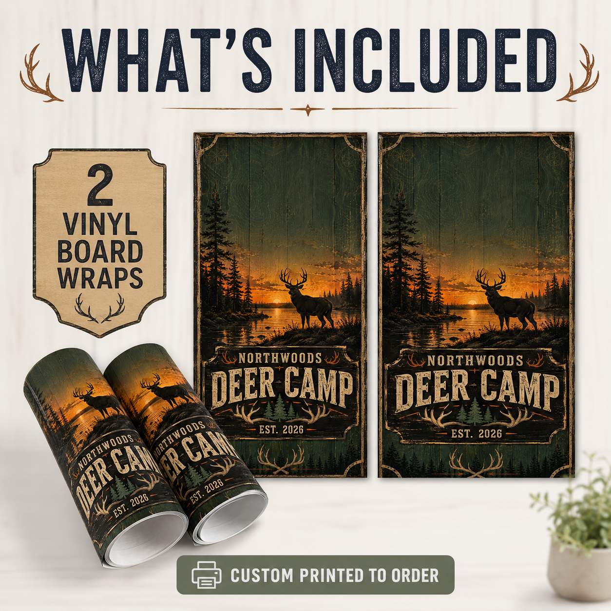 Custom Northwoods Deer Camp Cornhole Board Wraps – Set of 2 Rustic Hunting Vinyl Wraps