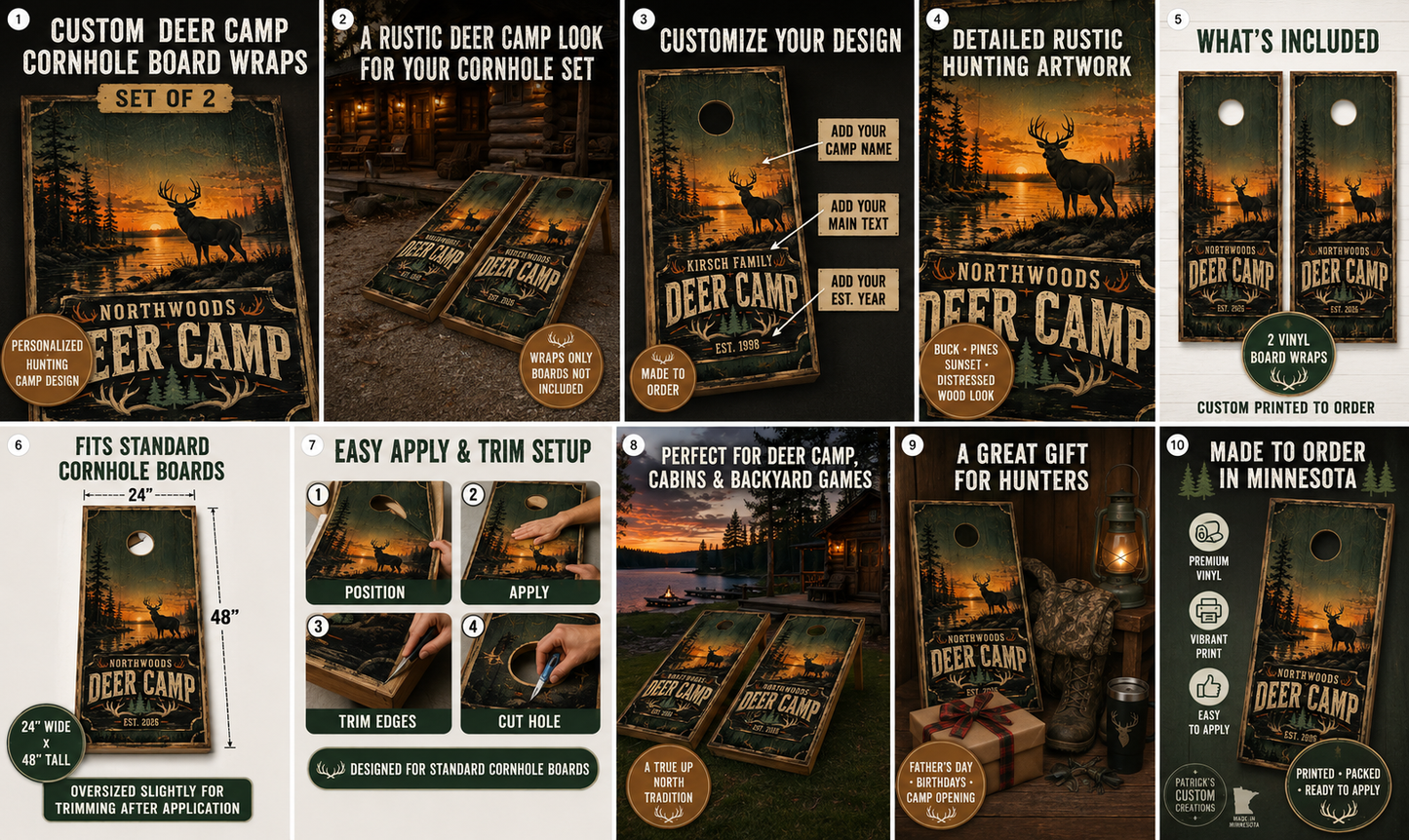 Custom Northwoods Deer Camp Cornhole Board Wraps – Set of 2 Rustic Hunting Vinyl Wraps