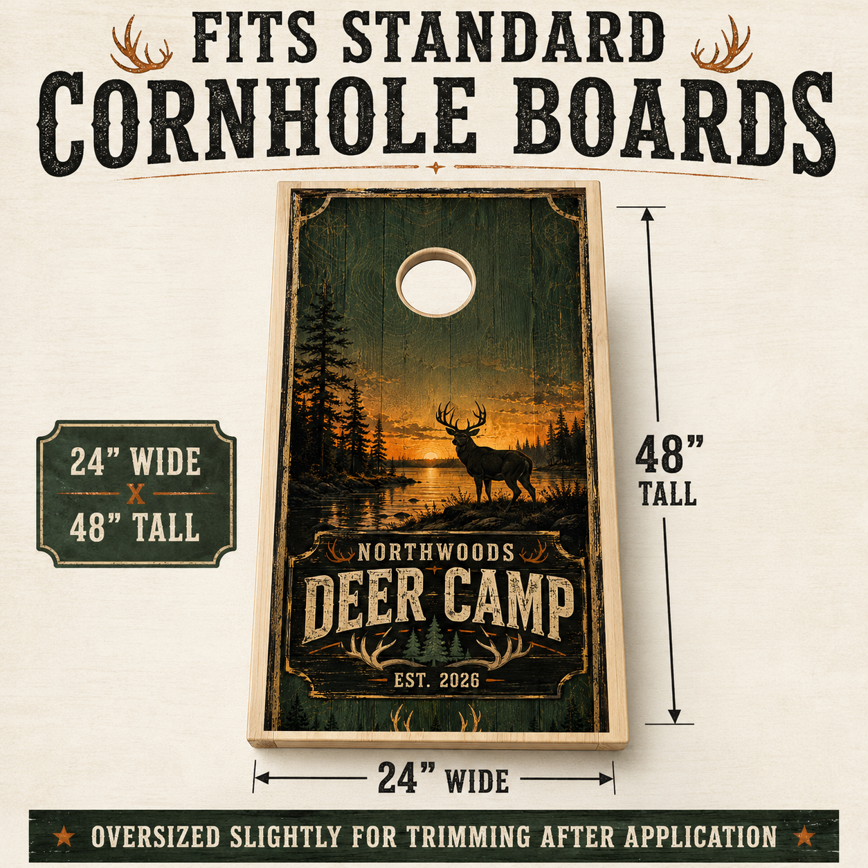 Custom Northwoods Deer Camp Cornhole Board Wraps – Set of 2 Rustic Hunting Vinyl Wraps