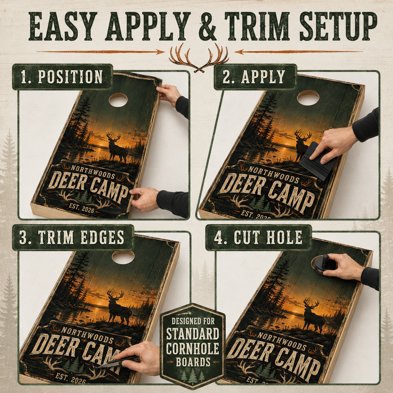 Custom Northwoods Deer Camp Cornhole Board Wraps – Set of 2 Rustic Hunting Vinyl Wraps