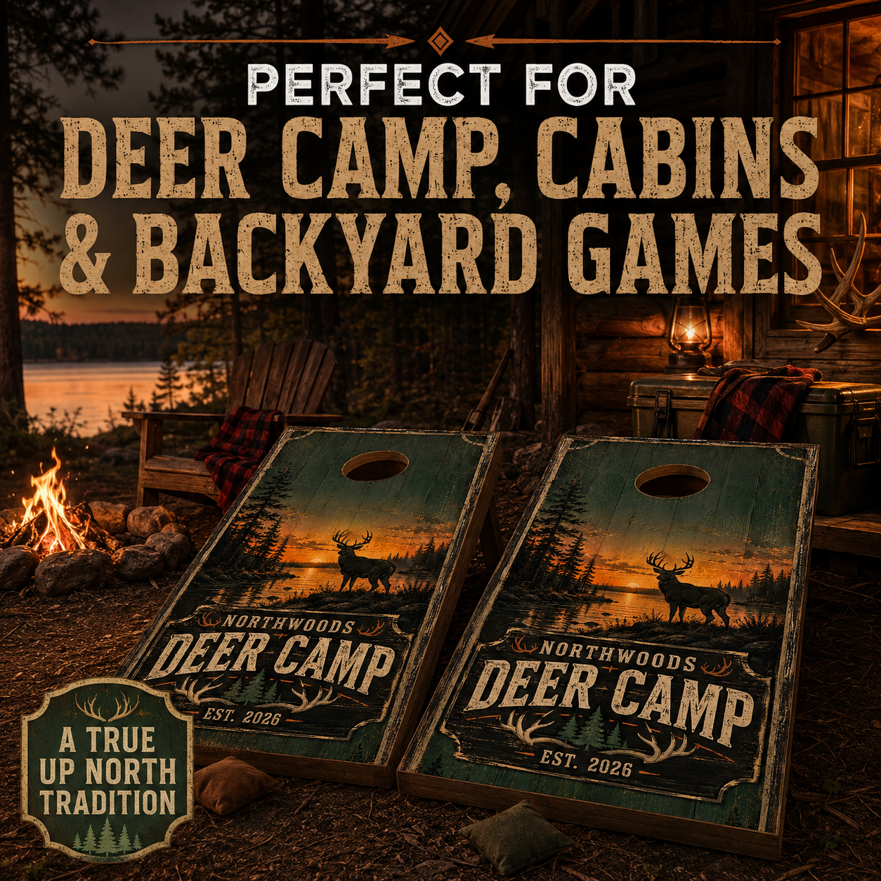 Custom Northwoods Deer Camp Cornhole Board Wraps – Set of 2 Rustic Hunting Vinyl Wraps