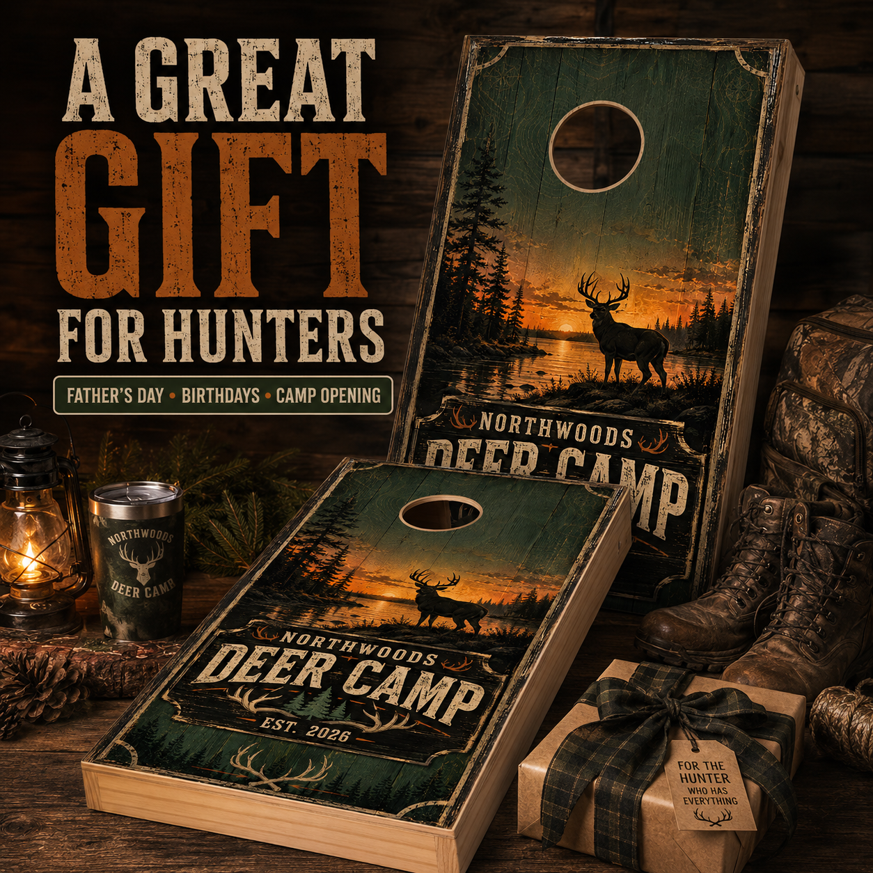 Custom Northwoods Deer Camp Cornhole Board Wraps – Set of 2 Rustic Hunting Vinyl Wraps