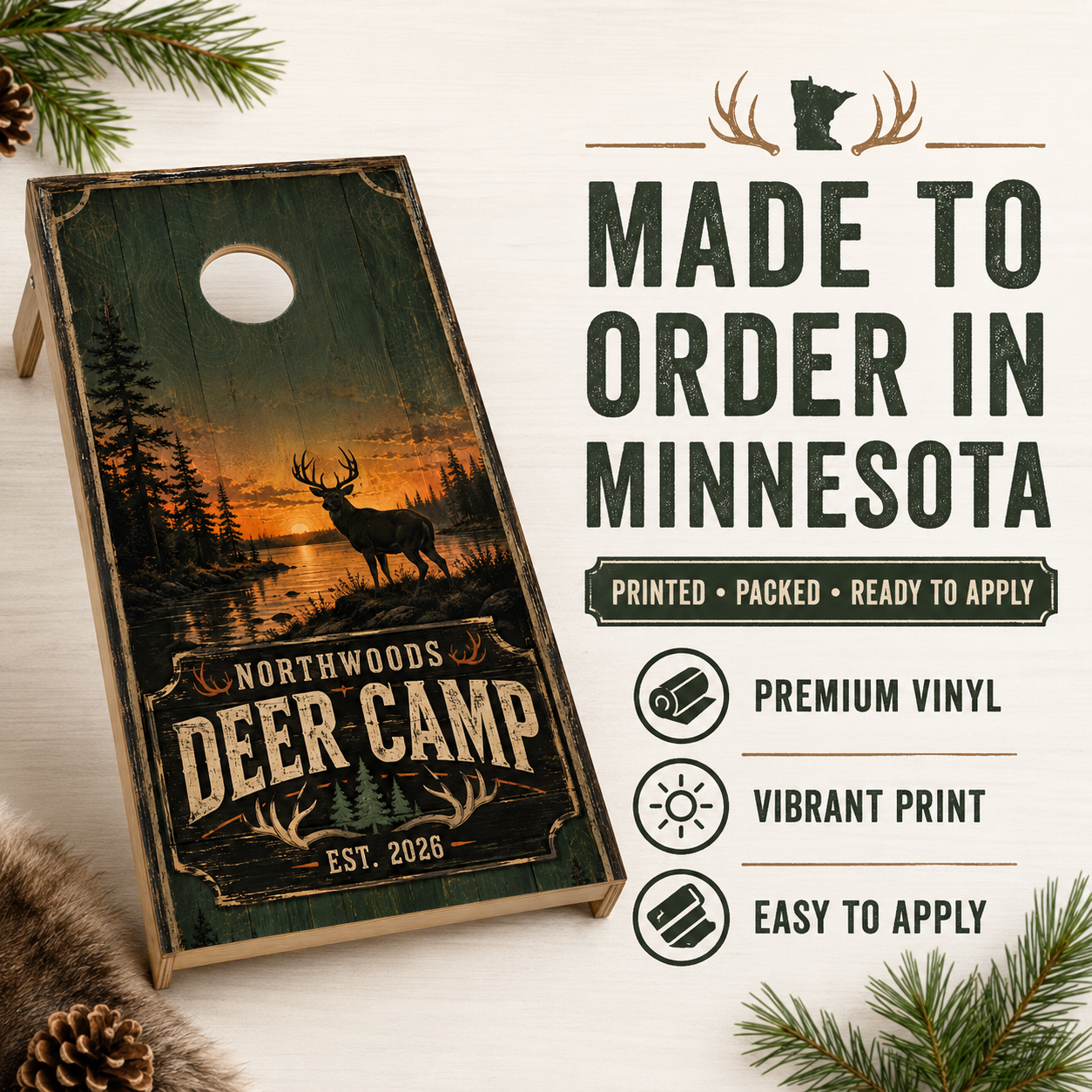 Custom Northwoods Deer Camp Cornhole Board Wraps – Set of 2 Rustic Hunting Vinyl Wraps