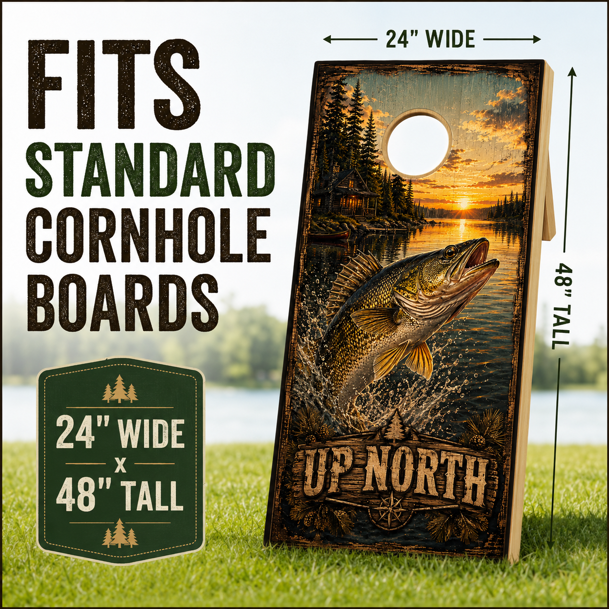Up North Lake Cabin Walleye Cornhole Board Wrap Set