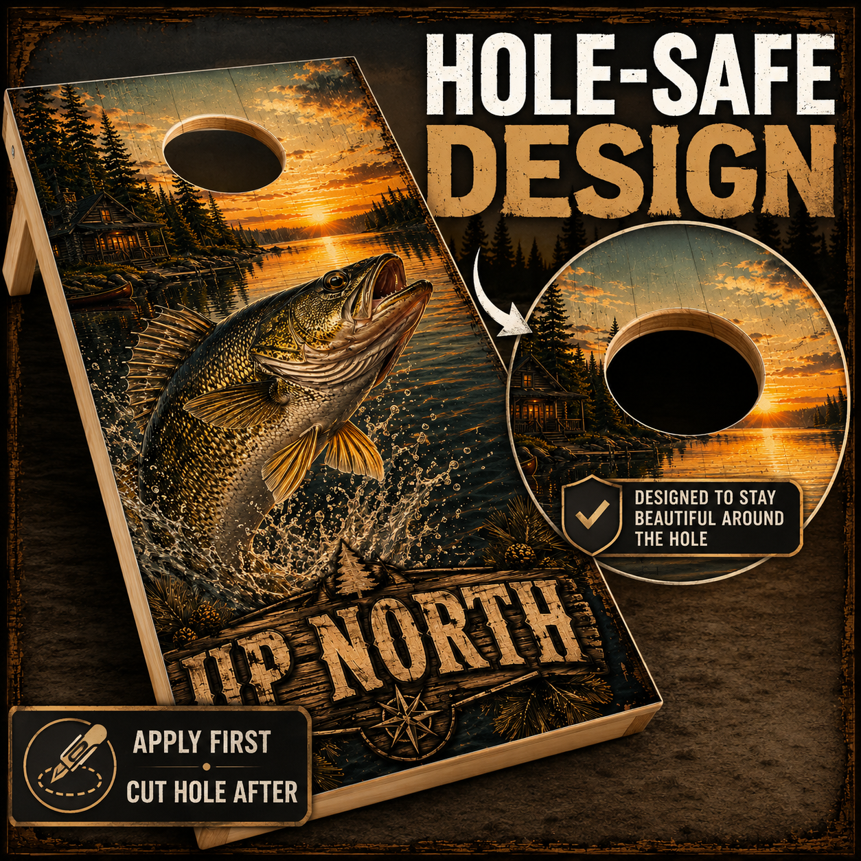 Up North Lake Cabin Walleye Cornhole Board Wrap Set