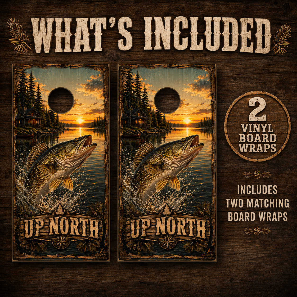 Up North Lake Cabin Walleye Cornhole Board Wrap Set