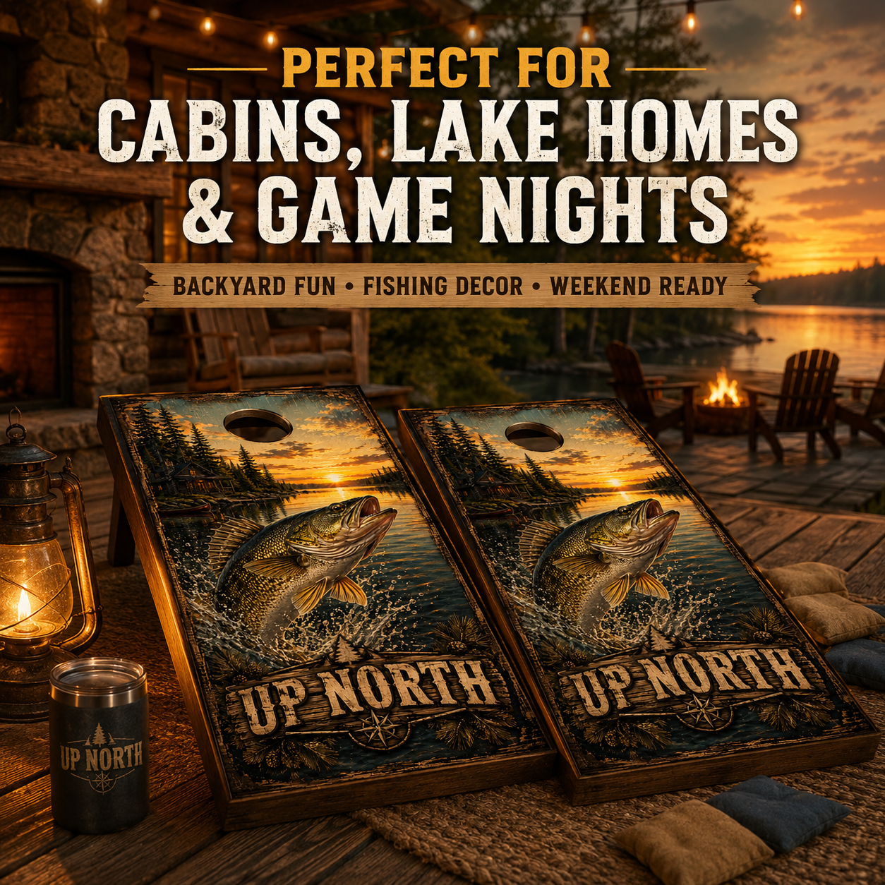 Up North Lake Cabin Walleye Cornhole Board Wrap Set