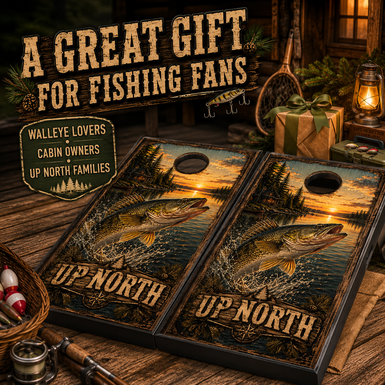 Up North Lake Cabin Walleye Cornhole Board Wrap Set
