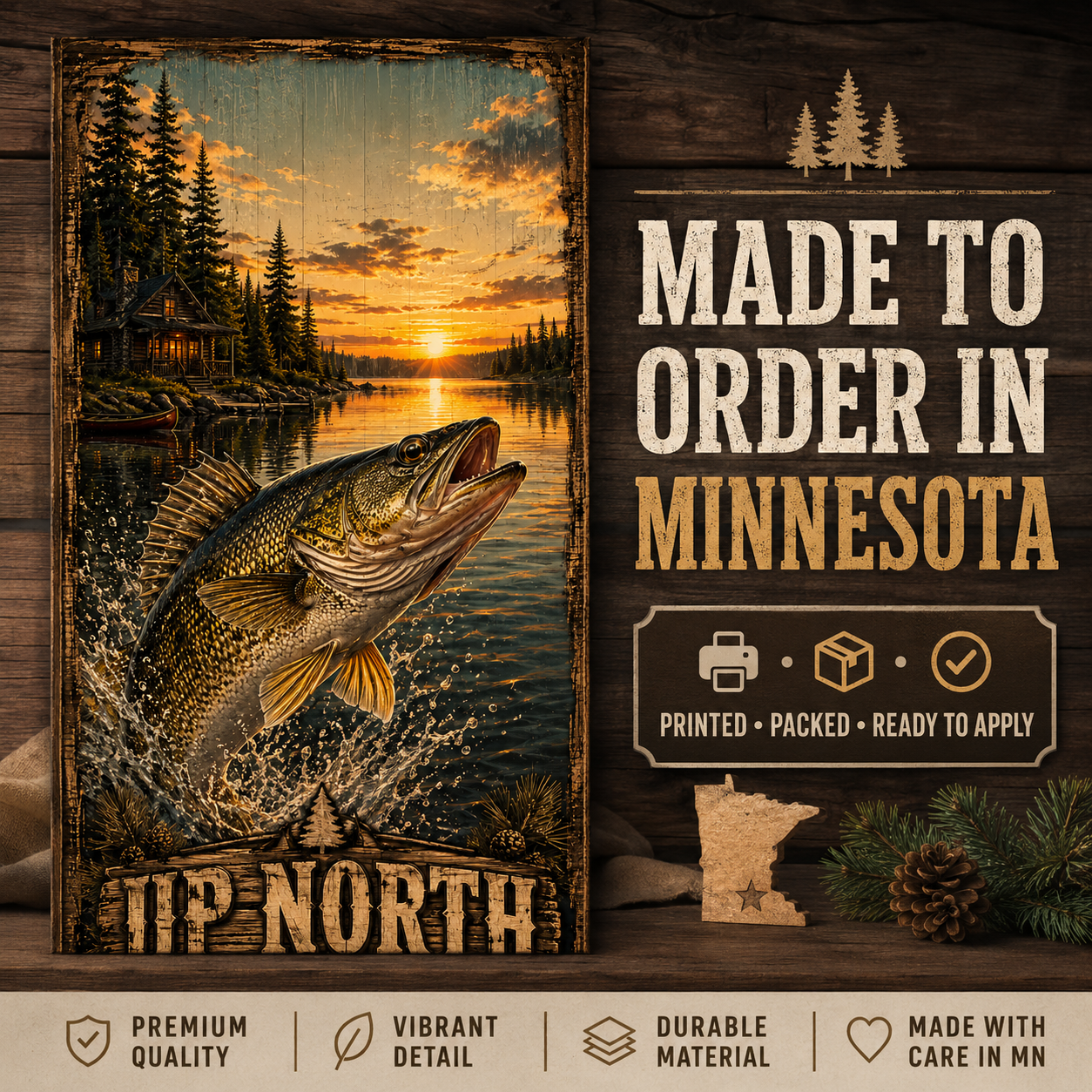 Up North Lake Cabin Walleye Cornhole Board Wrap Set