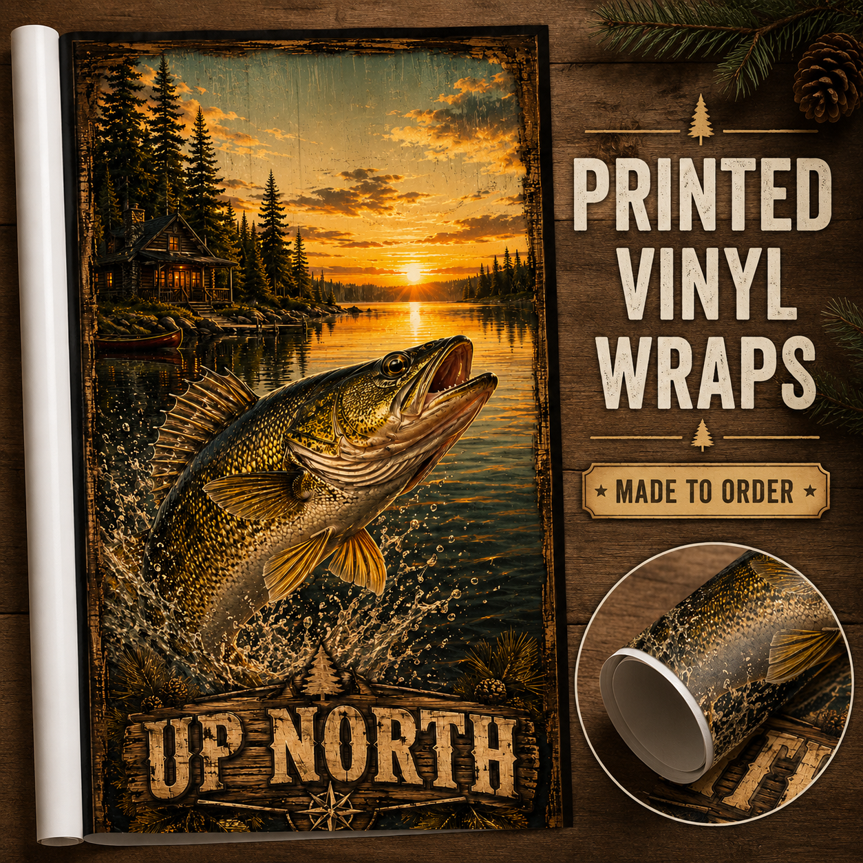 Up North Lake Cabin Walleye Cornhole Board Wrap Set