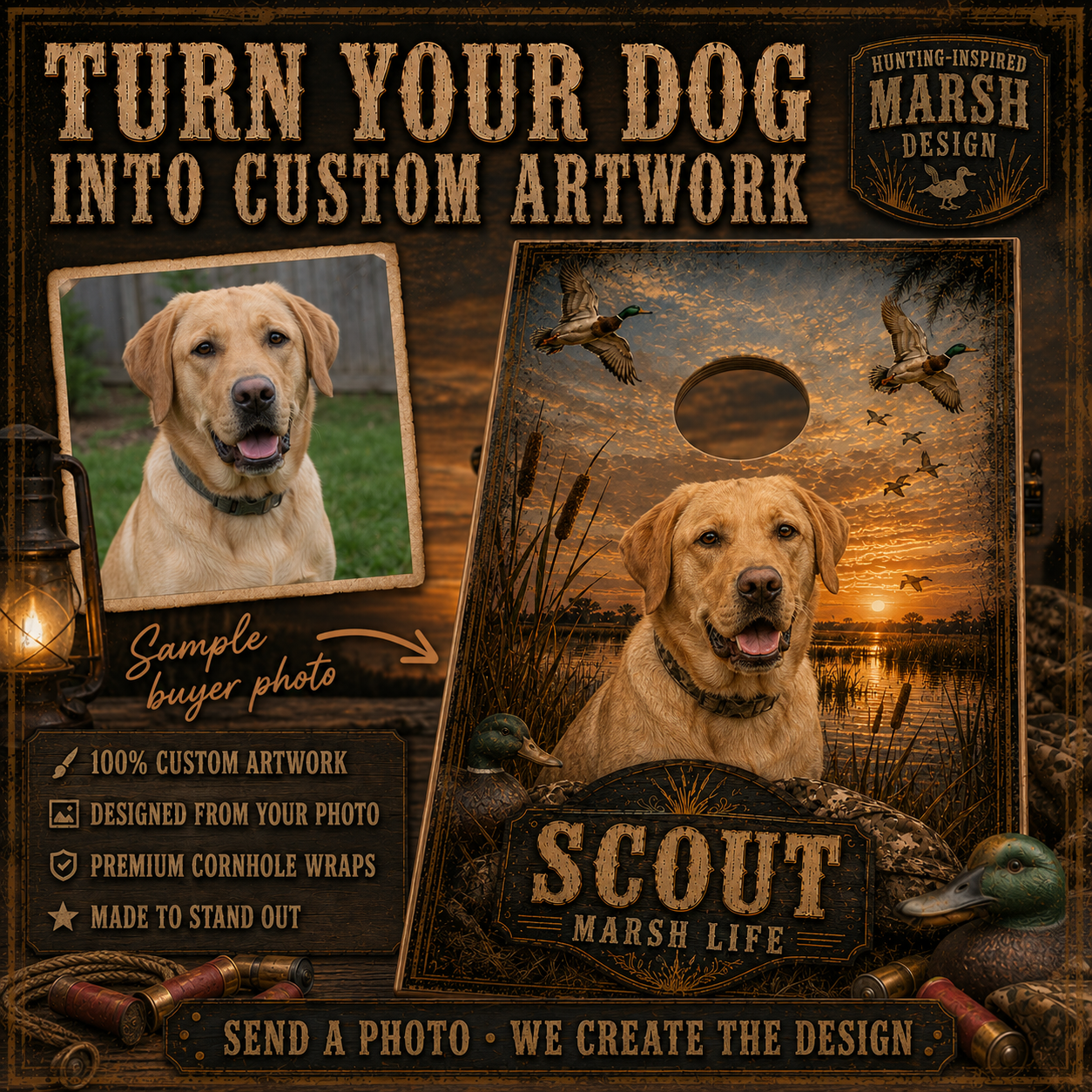 Custom Dog Marsh Life Cornhole Board Wrap Set Duck Hunting