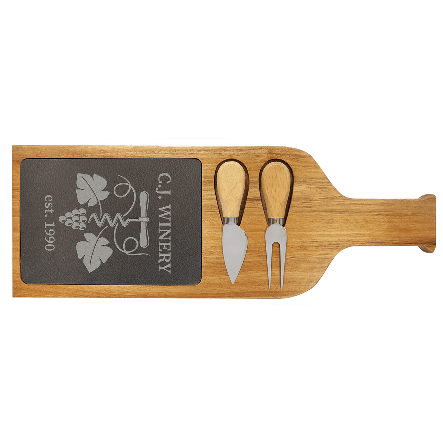 Acacia Wood/Slate Serving Board with Two Tools - 17 1/2" x 6"