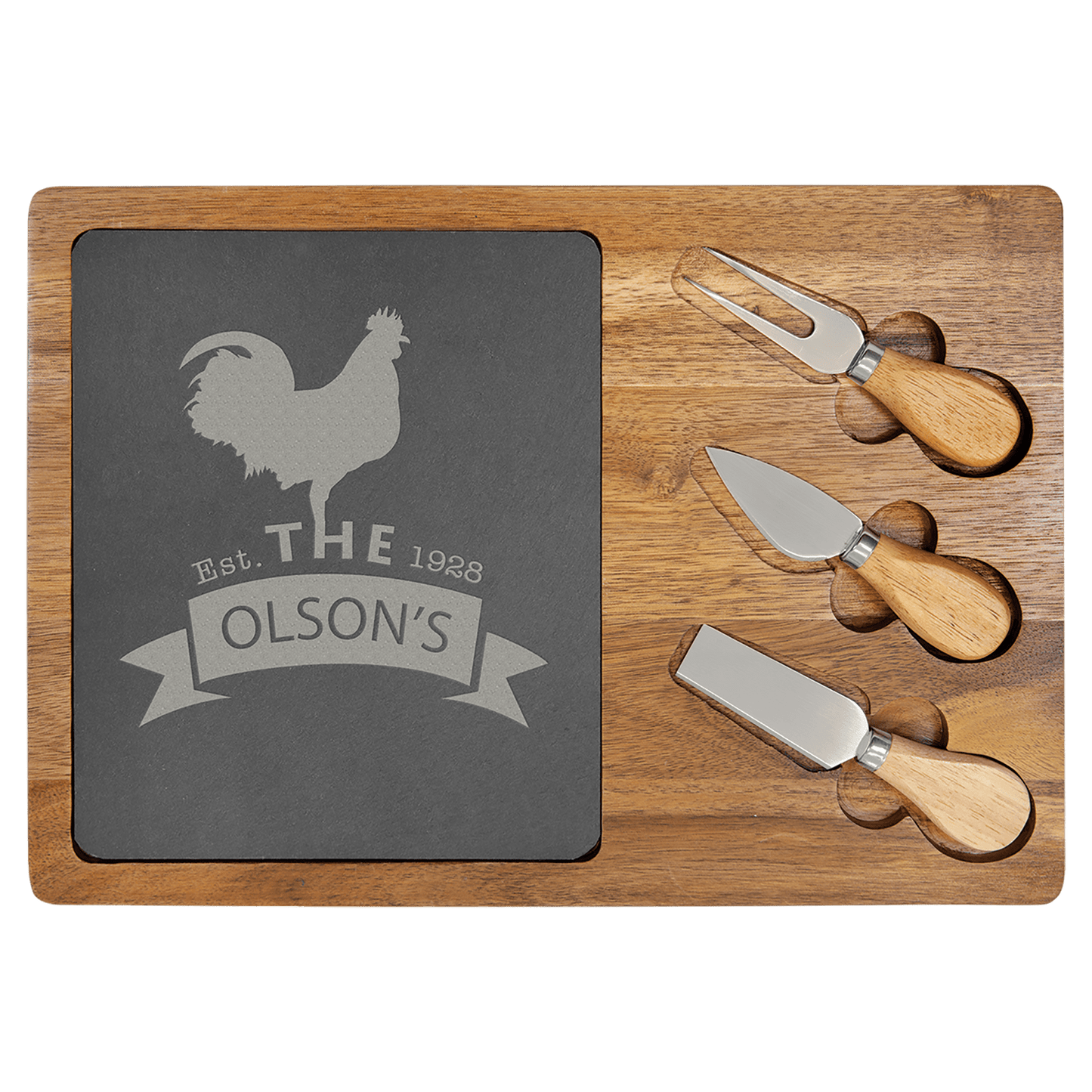 Acacia Wood/Slate Rectangle Cheese Set with Three Tools - 13 3/4" x 9 3/4"