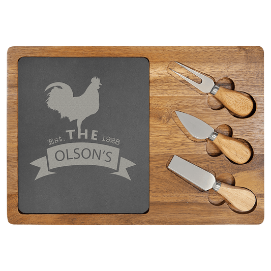 Acacia Wood/Slate Rectangle Cheese Set with Three Tools - 13 3/4" x 9 3/4"