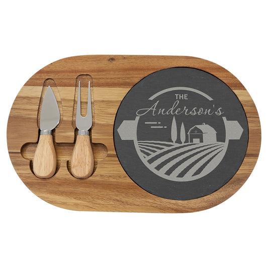Customized Acacia Wood/Slate Oval Cheese Set with Two Tools - 12 1/2" x 7 3/4"