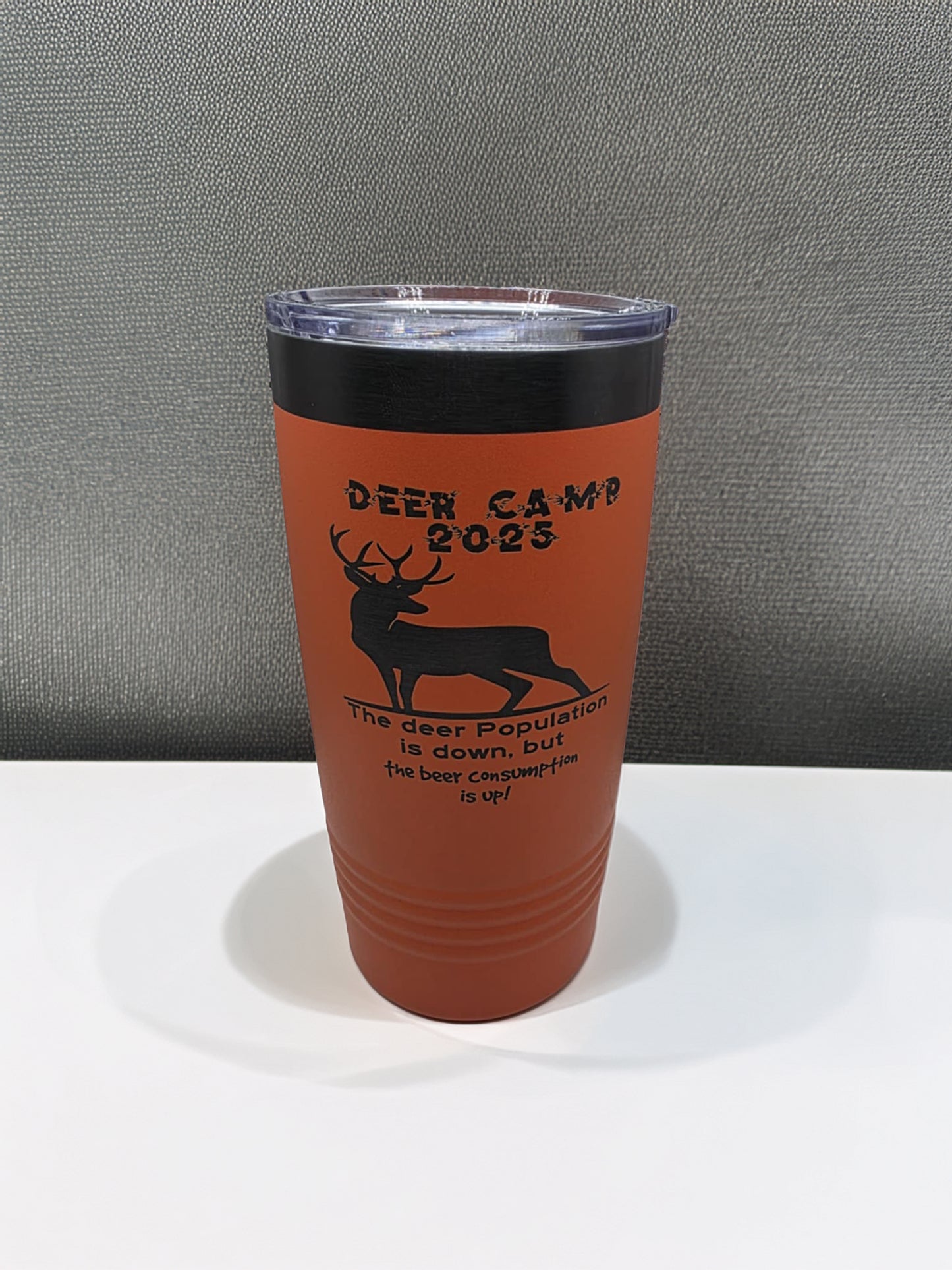 Deer Camp 2025 Tumbler with Slider Lid Insulated Drinkware Durable Stainless Steel Hunting Mug Orange Color with Humorous Text