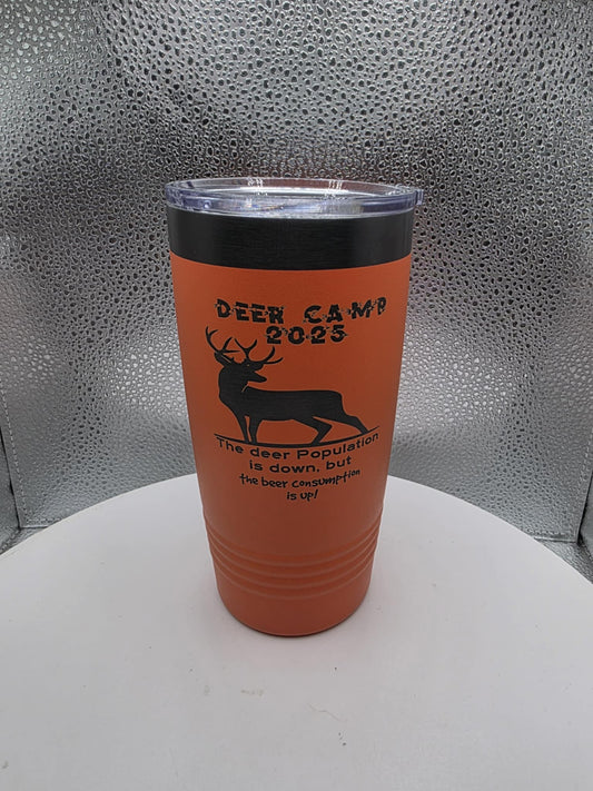 Deer Camp 2025 Tumbler with Slider Lid Insulated Drinkware Durable Stainless Steel Hunting Mug Orange Color with Humorous Text